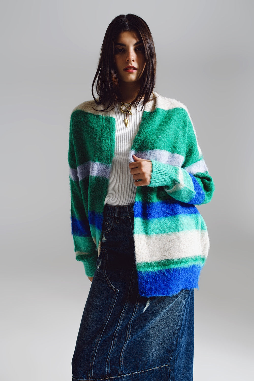 Multicolored fluffy long cardigan in blue and green | Just Cool Beans — sweaters | tops