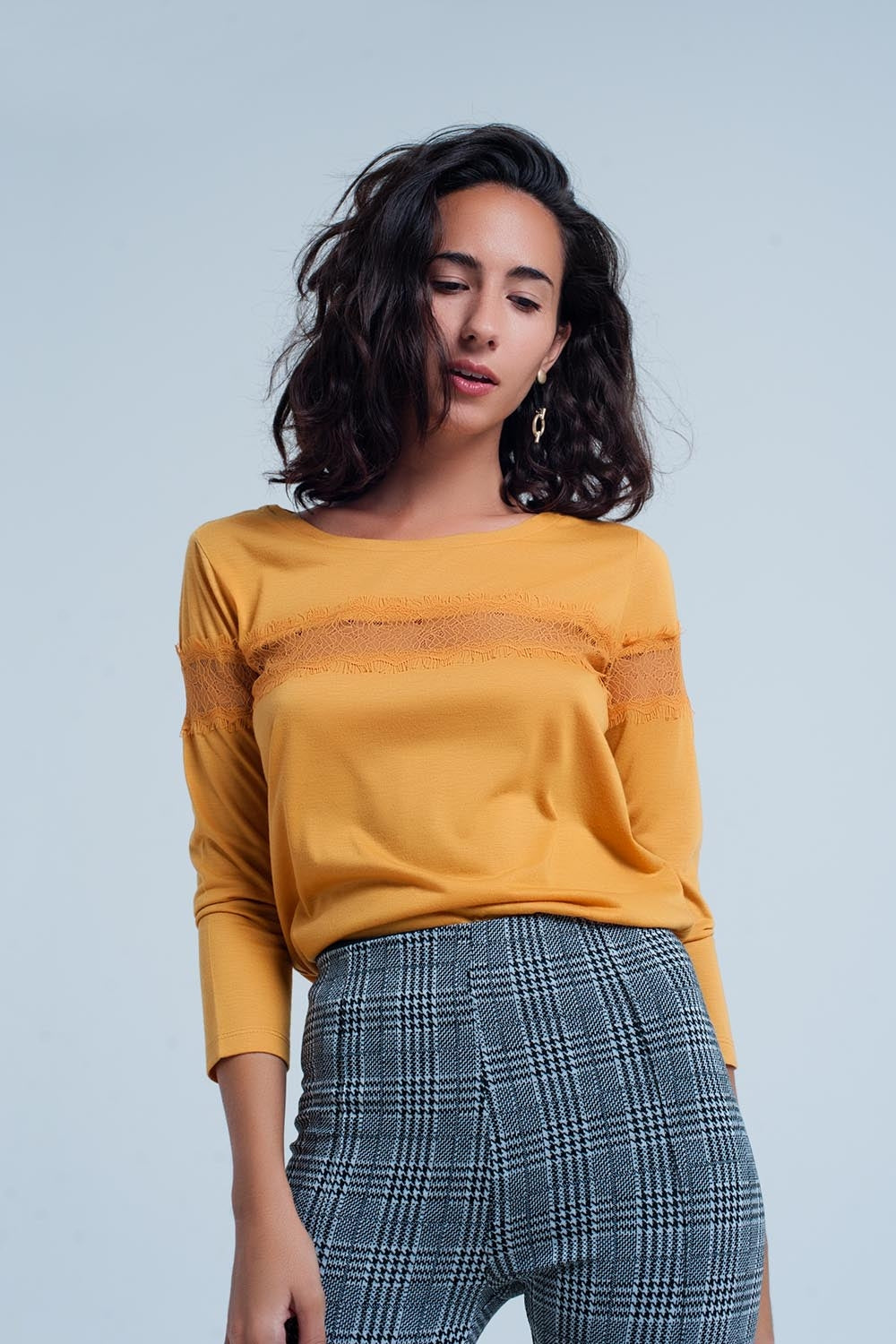Mustard 3/4 sleeve t-shirt with eyelash trim | Just Cool Beans — tops