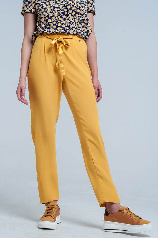Mustard slim fit pants with satin belt | Just Cool Beans — pants | bottoms