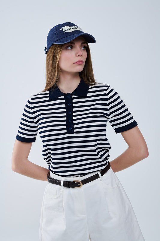 Navy and white striped knitted polo t-shirt | Just Cool Beans — sweaters | tops