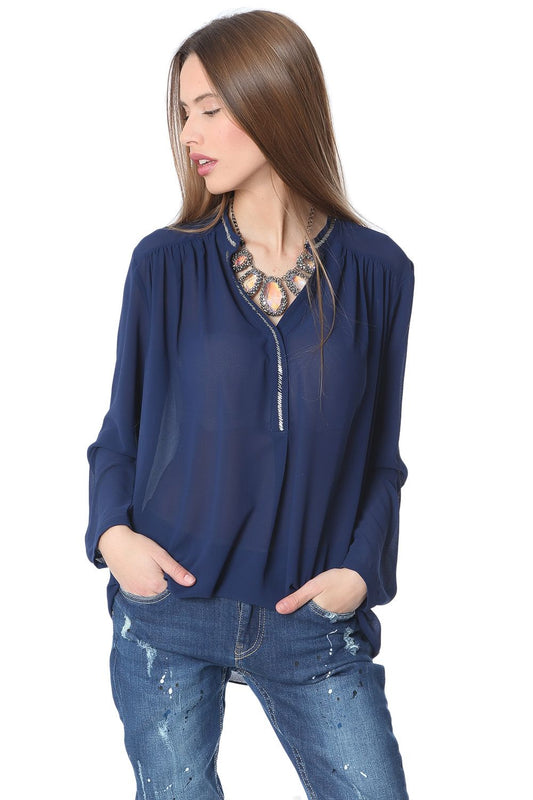Navy blue chiffon blouse with silver-tone bead embellishment | Just Cool Beans — shirts | tops