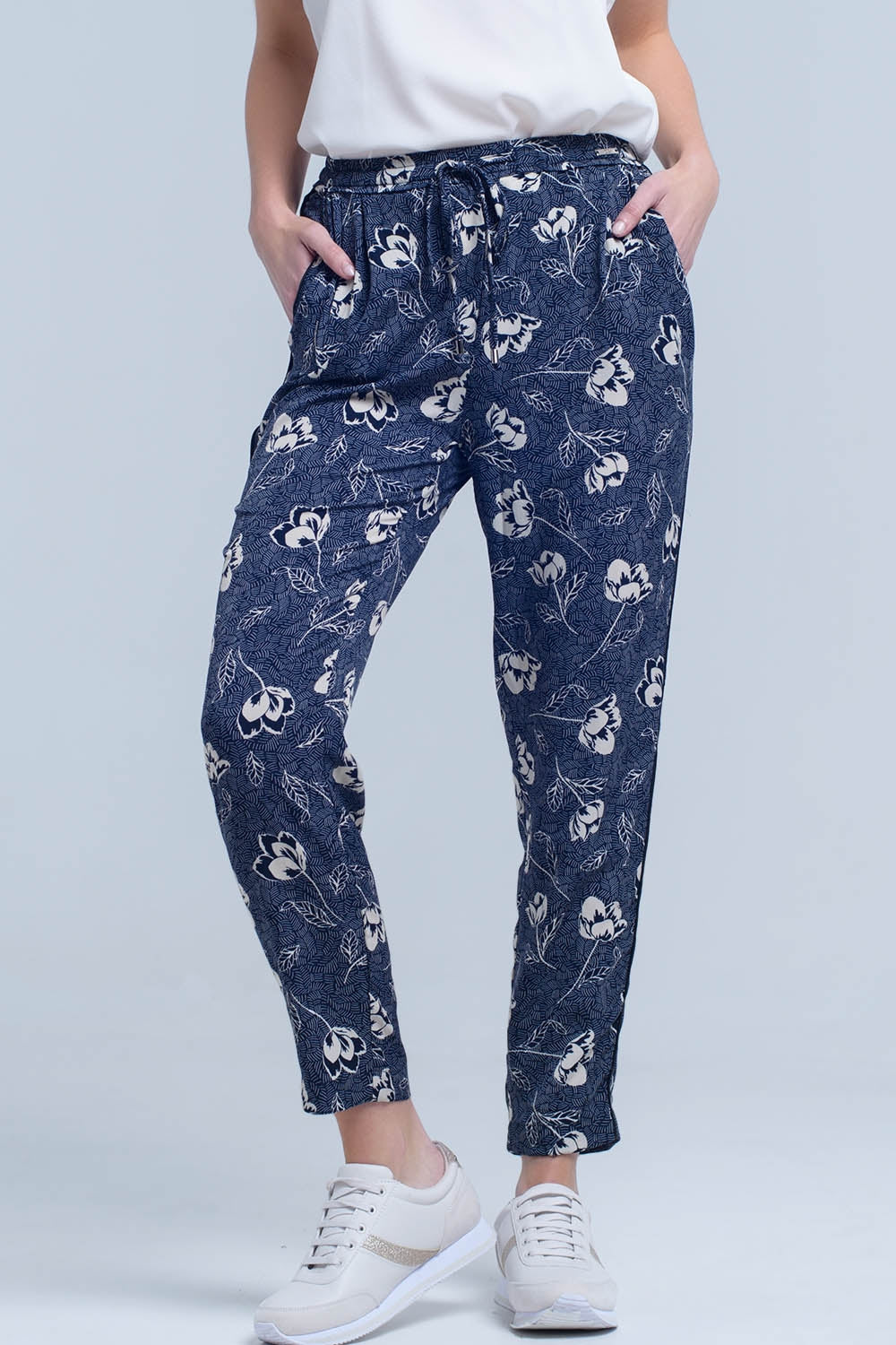 Navy blue pants with floral print | Just Cool Beans — pants | bottoms