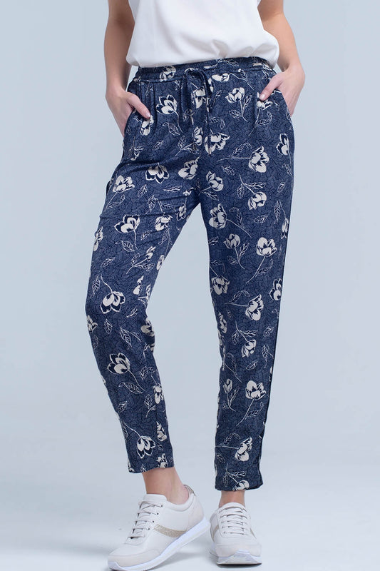 Navy blue pants with floral print | Just Cool Beans — pants | bottoms