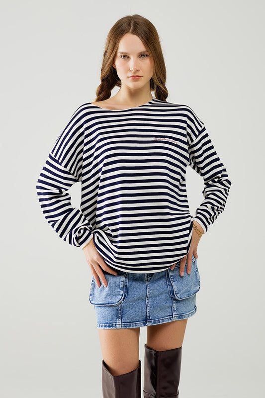 Navy blue striped fine knit sweater with boat neck | Just Cool Beans — sweaters | tops