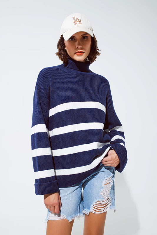 Navy blue turtle neck sweater in navy with stripes | Just Cool Beans — sweaters | tops