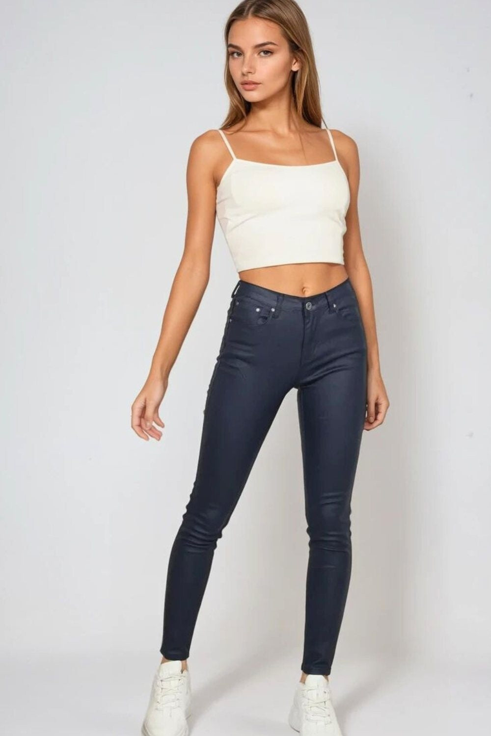 Navy faux leather super skinny pants | Just Cool Beans — pants | bottoms