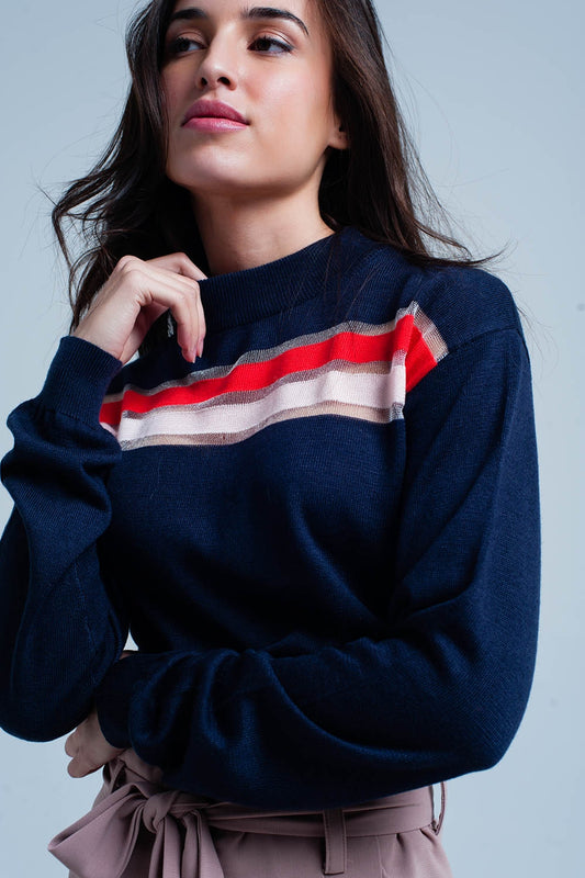 Navy fine knitted sweater with transparent stripe | Just Cool Beans — sweaters | tops