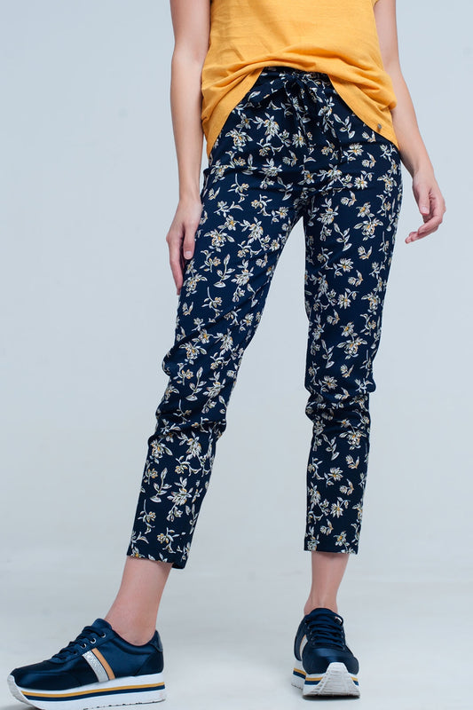 Navy floral pants with a belt | Just Cool Beans — pants | bottoms