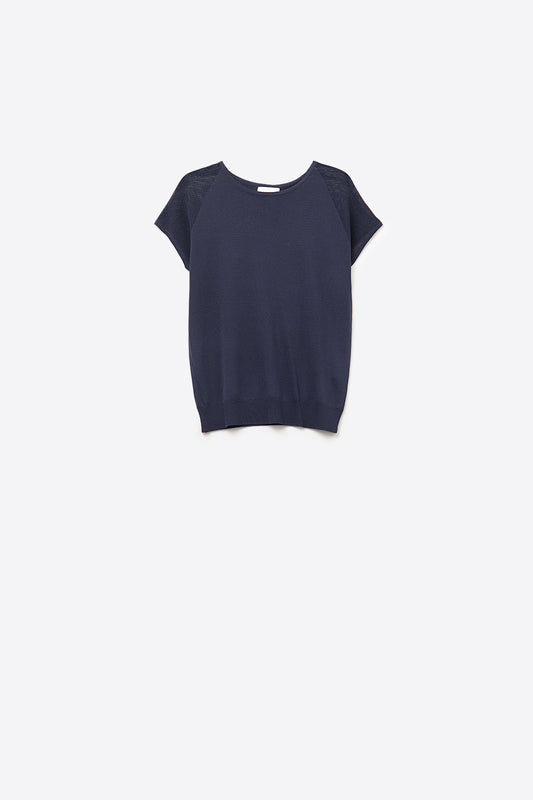 Navy Short Sleeve Sweater with Knitted Mesh on the Shoulder