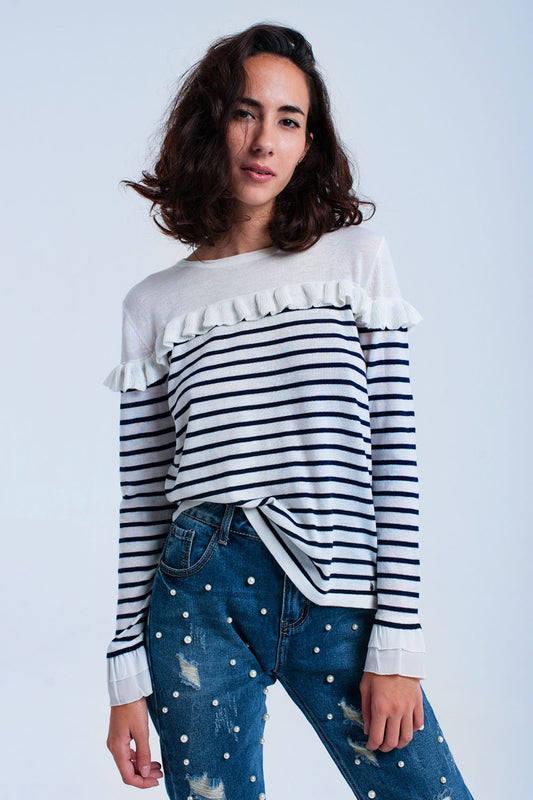 Navy striped sweater with ruffles | Just Cool Beans — sweaters | tops