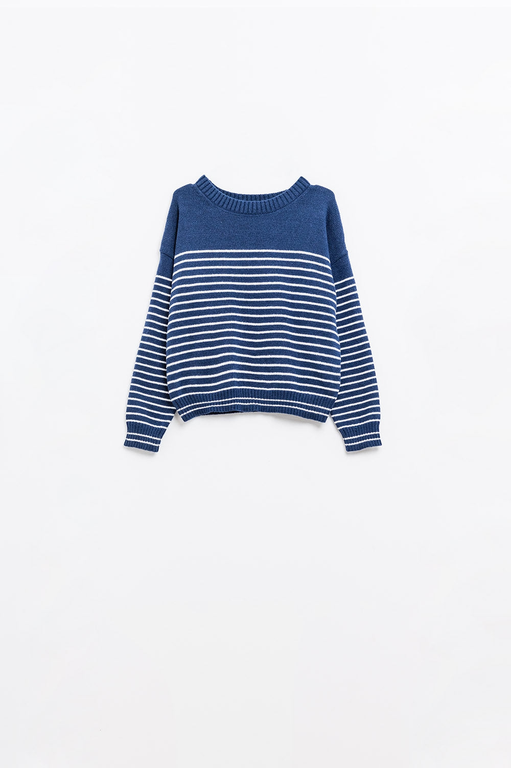 Navy sweater with white stripes and boat neck | Just Cool Beans — sweaters | tops