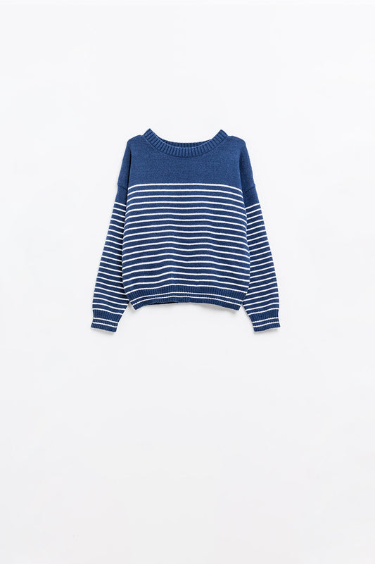 Navy sweater with white stripes and boat neck | Just Cool Beans — sweaters | tops