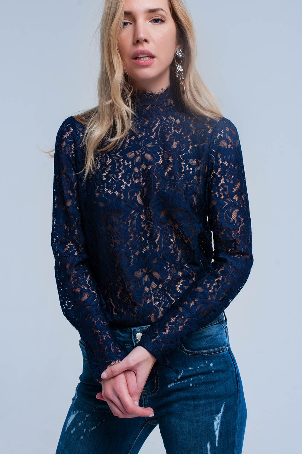 Navy transparent lace shirt | Just Cool Beans — shirts | nan