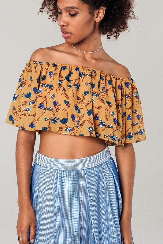 Off shoulder floral crop top in mustard | Just Cool Beans — shirts | tops