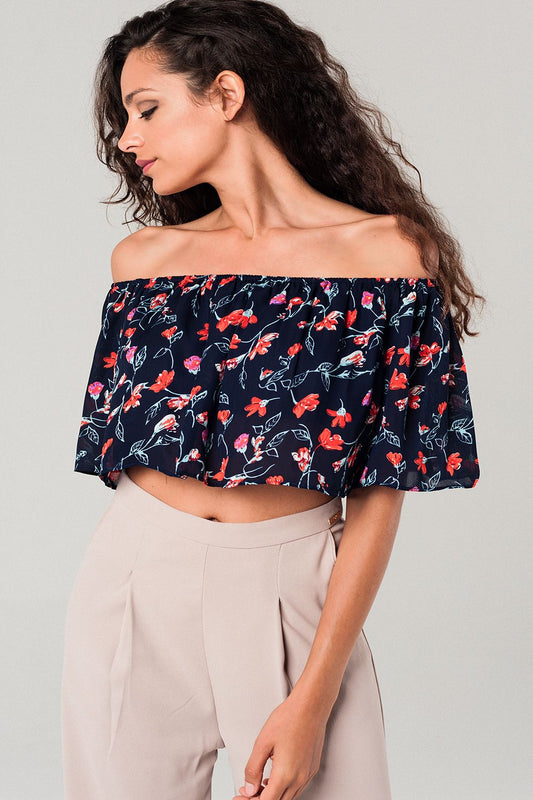 Off shoulder floral crop top in navy | Just Cool Beans — shirts | tops