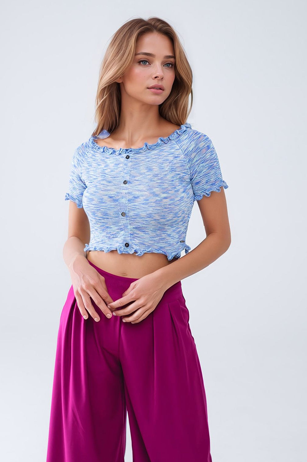 Off the shoulder cropped knitted top in blue | Just Cool Beans — sweaters | tops