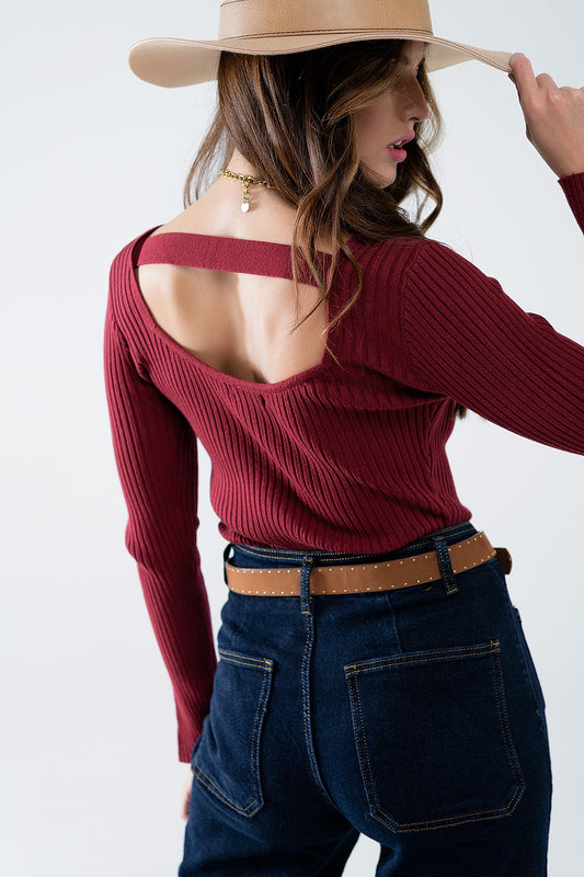 Open back burgundy ribbed sweater | Just Cool Beans — sweaters | tops
