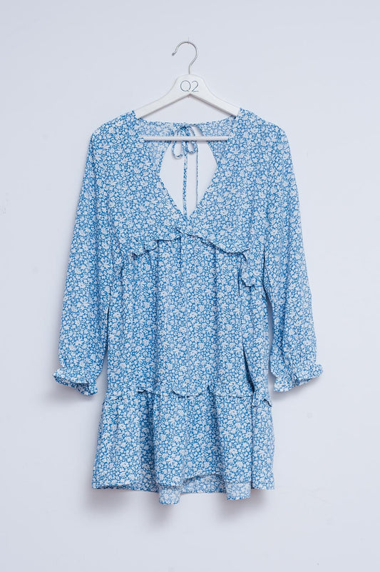 Open back mini tea dress in blue floral | Just Cool Beans — dresses