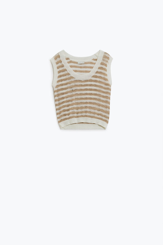 Open knit cropped striped sleeveless sweater in brown and white | Just Cool Beans — sweaters | tops