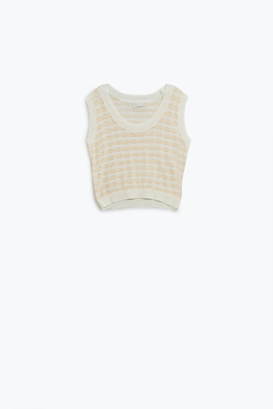 Open knit cropped striped sleeveless sweater in cream and white | Just Cool Beans — sweaters | tops