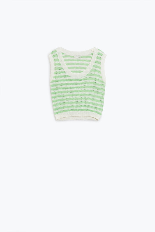 Open knit cropped striped sleeveless sweater in green and white | Just Cool Beans — sweaters | tops
