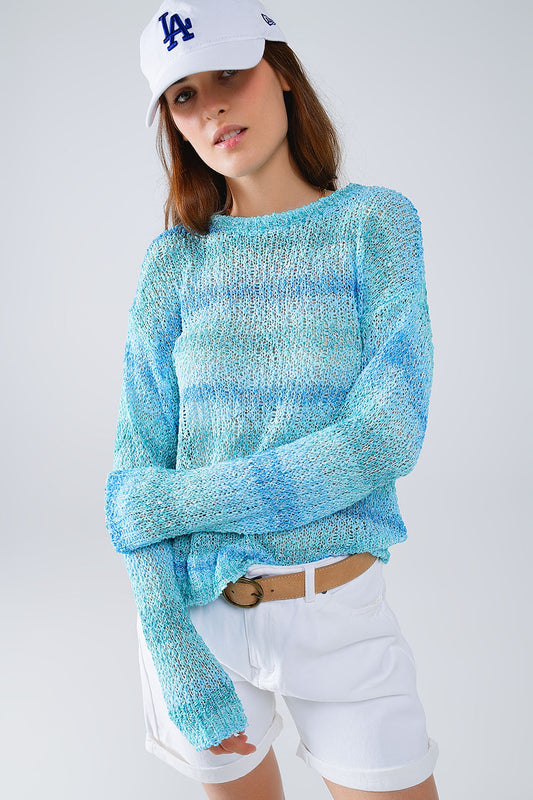 Open knit stripey crew neck sweater in shades of blue | Just Cool Beans — sweaters | tops