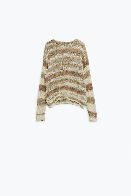Open knit stripey crew neck sweater in shades of brown | Just Cool Beans — sweaters | tops
