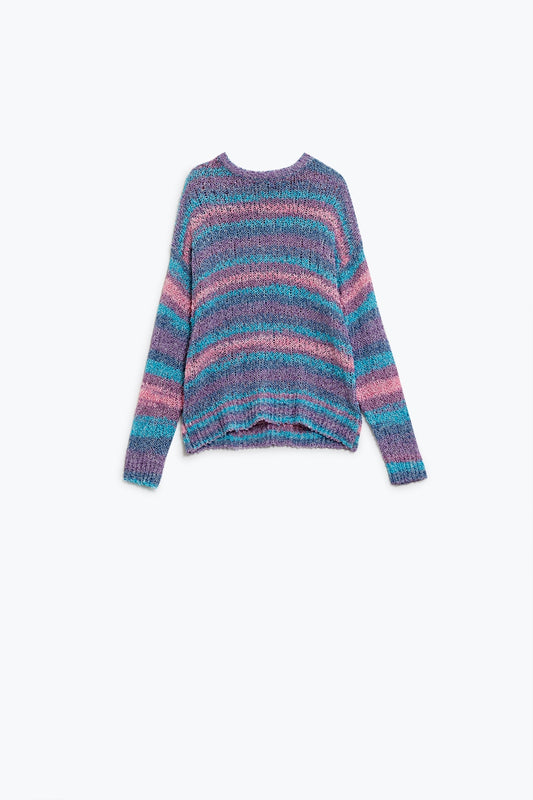 Open knit stripey crew neck sweater in shades of purple and blue | Just Cool Beans — sweaters | tops