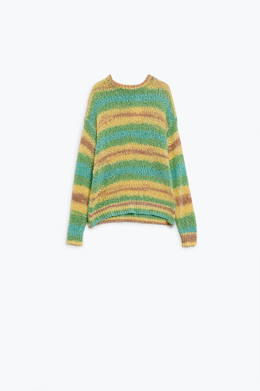 Open knit stripey crew neck sweater in shades of yellow and green | Just Cool Beans — sweaters | tops