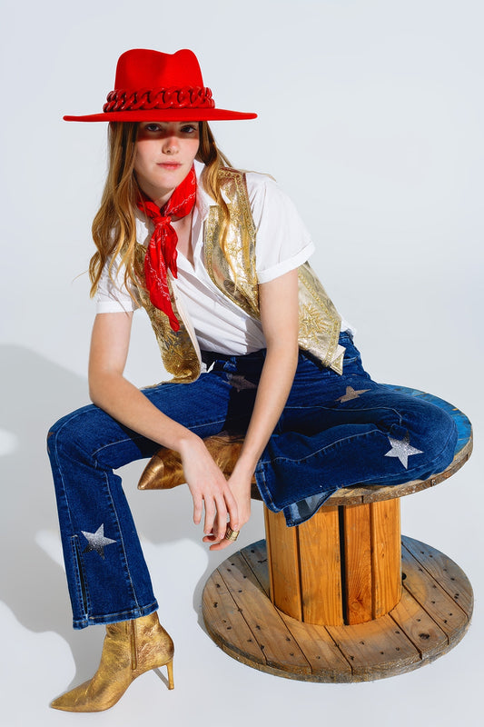 Open vest with embroidered stars in gold | Just Cool Beans — coats and jackets | jackets