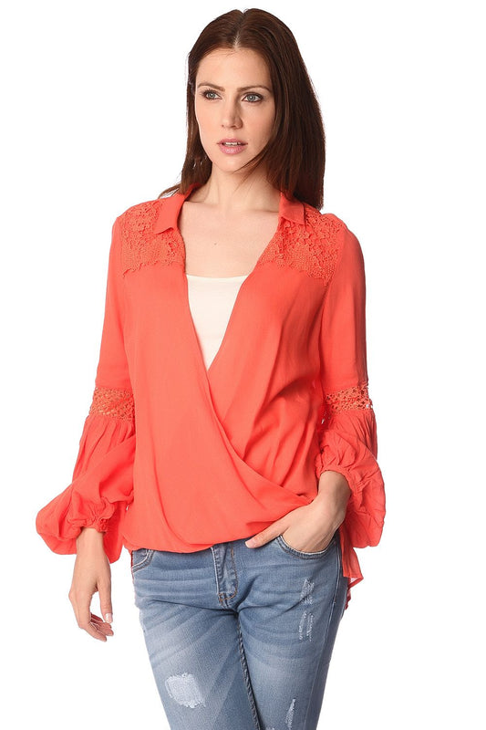 Orange blouse with wrap front and draped detail | Just Cool Beans — shirts | tops