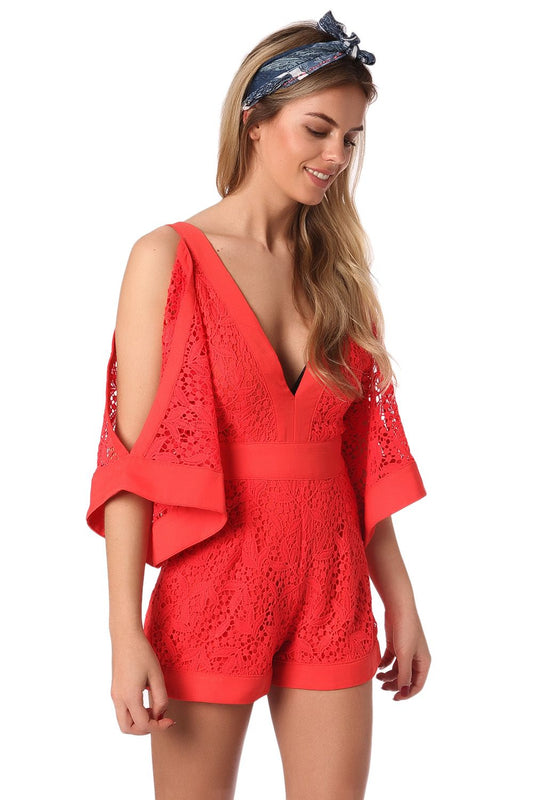 Orange eyelash lace romper with cold shoulder detail | Just Cool Beans — dresses