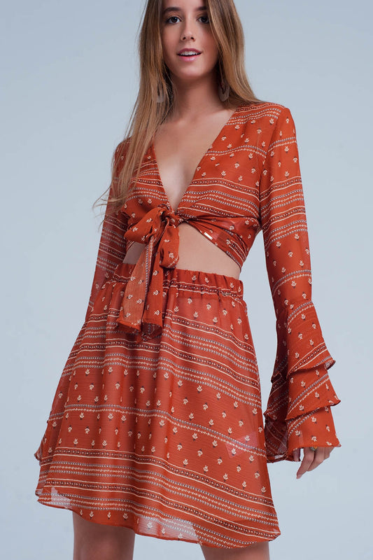 Orange tie front mixed print crop top | Just Cool Beans — shirts | tops