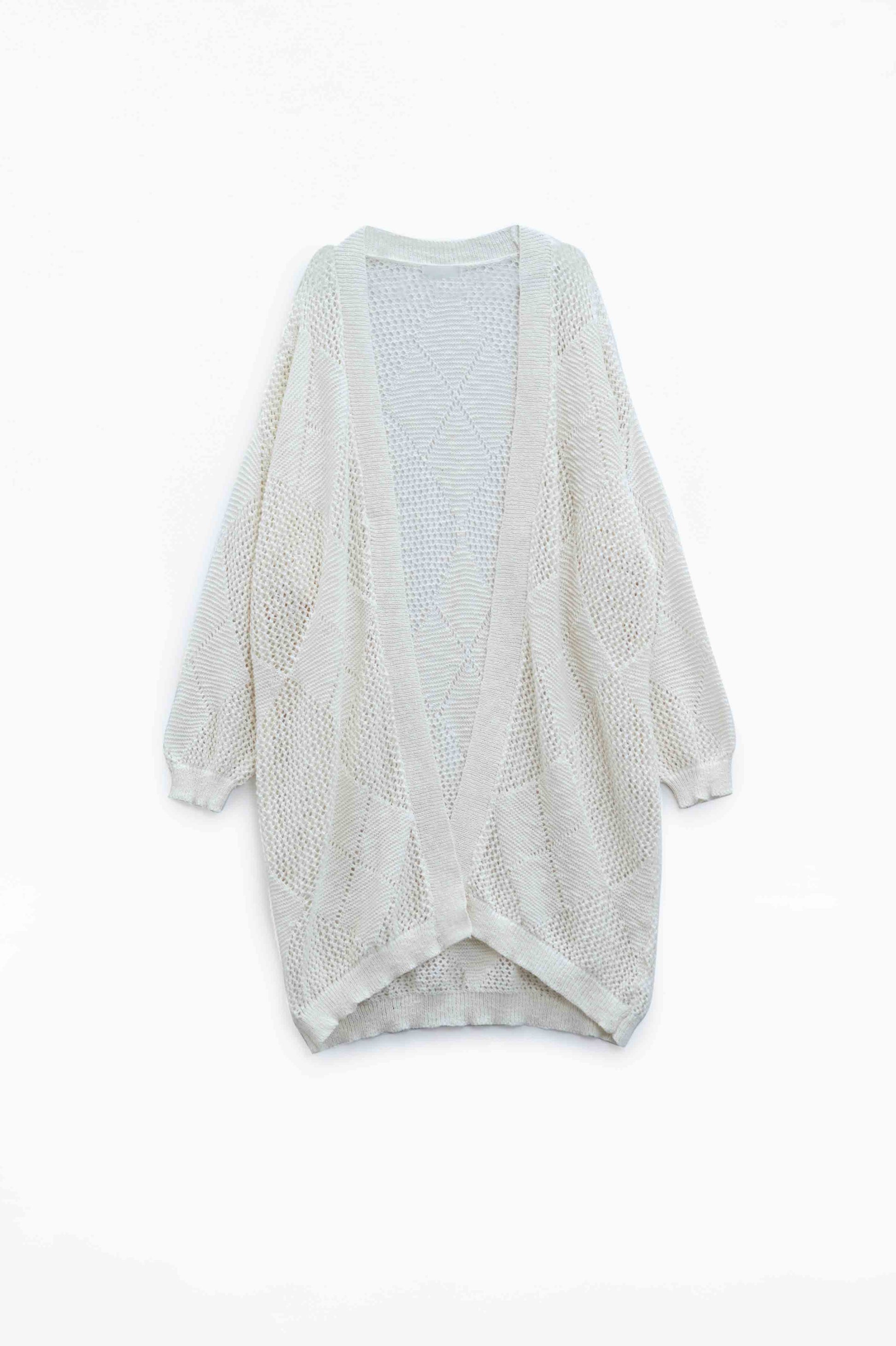 Q2 Oversized Argyle Knitted Long Cardigan in Cream