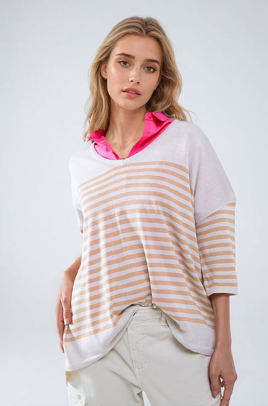 Oversized beige sweater with brown stripes and v-neck | Just Cool Beans — sweaters | tops