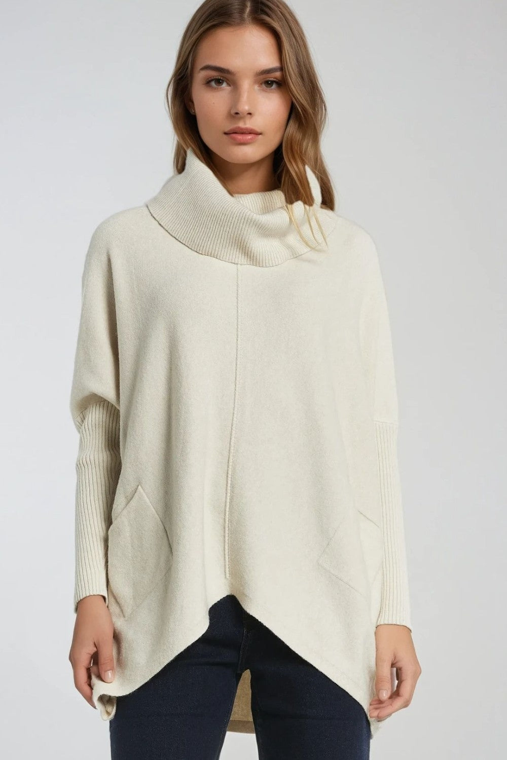 Oversized beige sweater with front pockets | Just Cool Beans — sweaters | tops