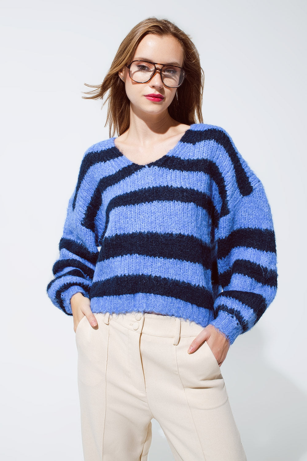 Oversized blue stripy fluffy sweater with balloon sleeves | Just Cool Beans — sweaters | tops