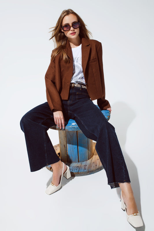 Oversized cropped blazer vichy design and metallic details in brown | Just Cool Beans — coats and jackets | jackets