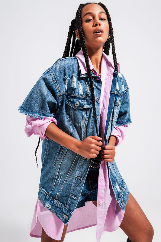Oversized distressed short sleeves denim jacket | Just Cool Beans — coats and jackets | bottoms