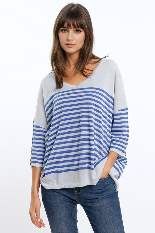 Oversized grey sweater with blue stripes and v-neck | Just Cool Beans — sweaters | tops
