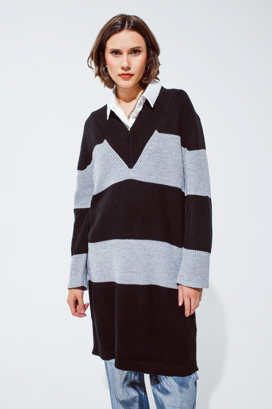 Oversized midi knitted dress with stripes and a wide v neck | Just Cool Beans — dresses