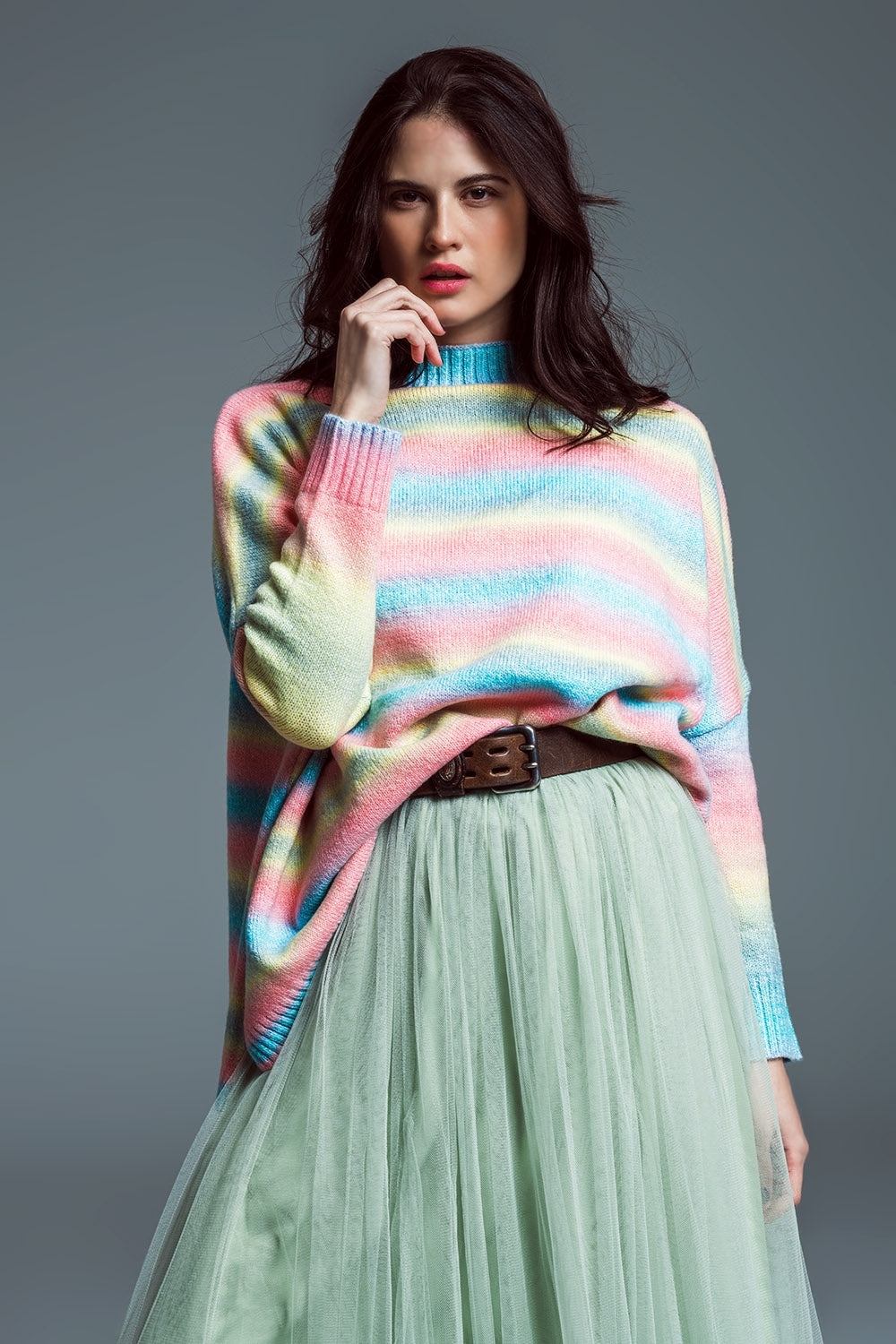 Oversized multicolor high necke sweater with side slits | Just Cool Beans — sweaters | tops