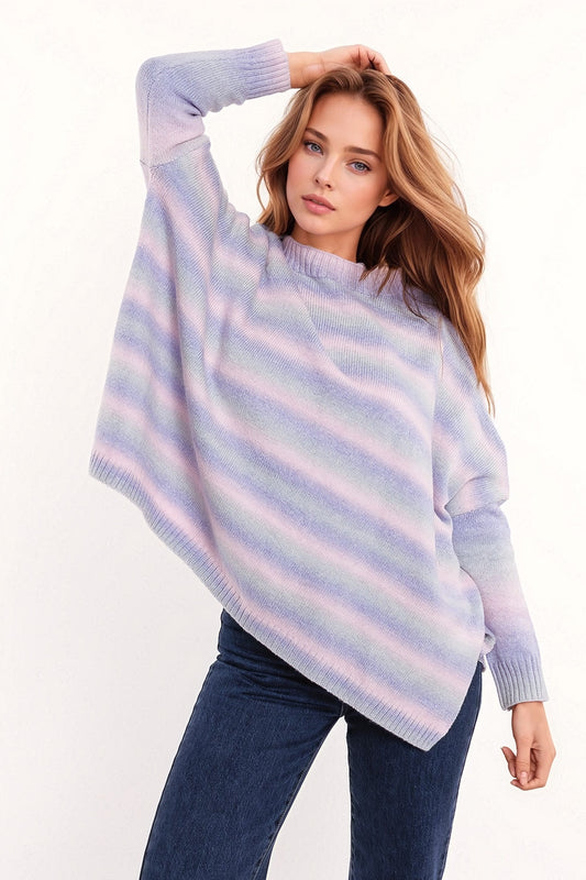 Oversized multicolor in shades of purple high neck sweater with side slits | Just Cool Beans — sweaters | tops