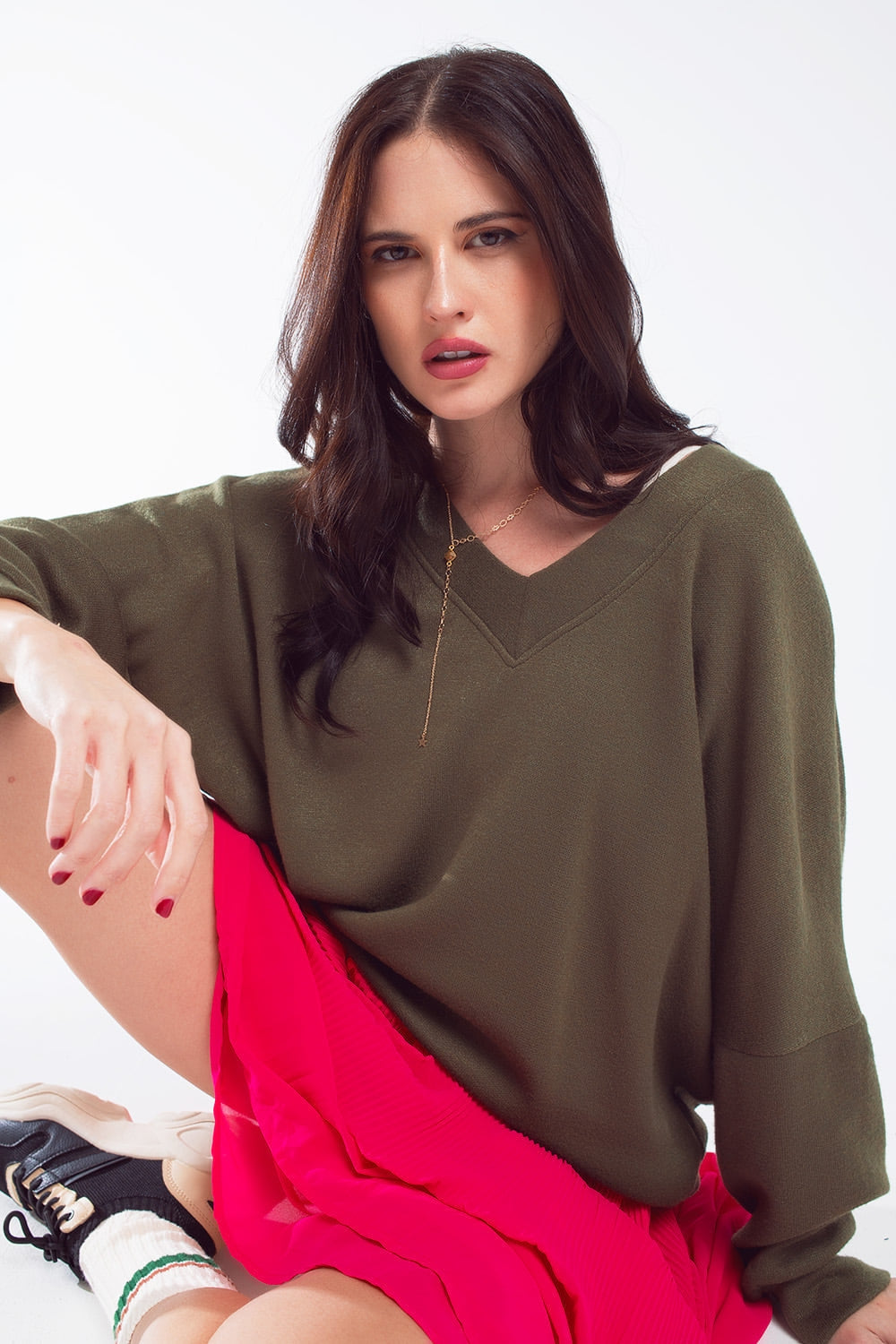 Oversized olive green swearshirt wth v-neckline | Just Cool Beans — sweaters | tops