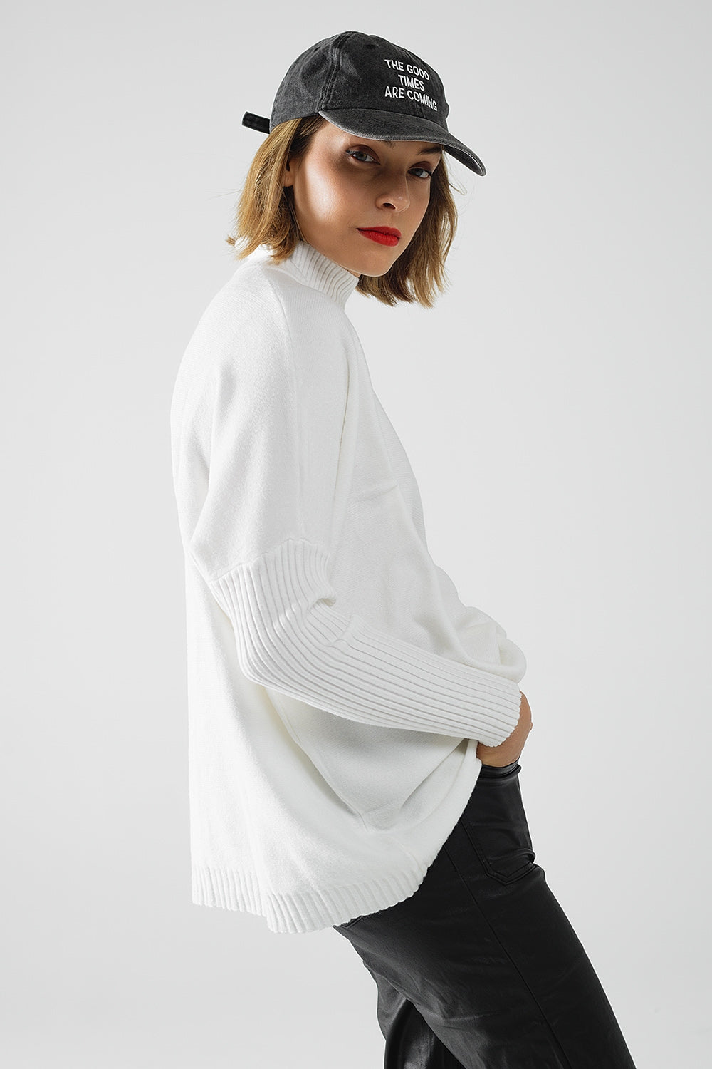Oversized soft knitted white sweater with ribbed sleeves | Just Cool Beans — sweaters | tops