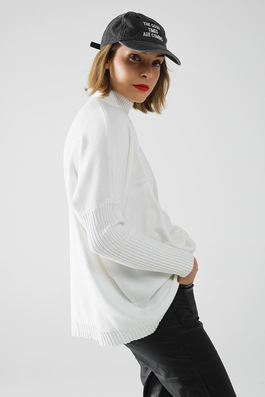 Oversized soft knitted white sweater with ribbed sleeves | Just Cool Beans — sweaters | tops