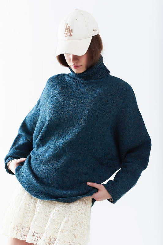 Oversized sweater in teal with a high neck and loose sleeves | Just Cool Beans — sweaters | tops