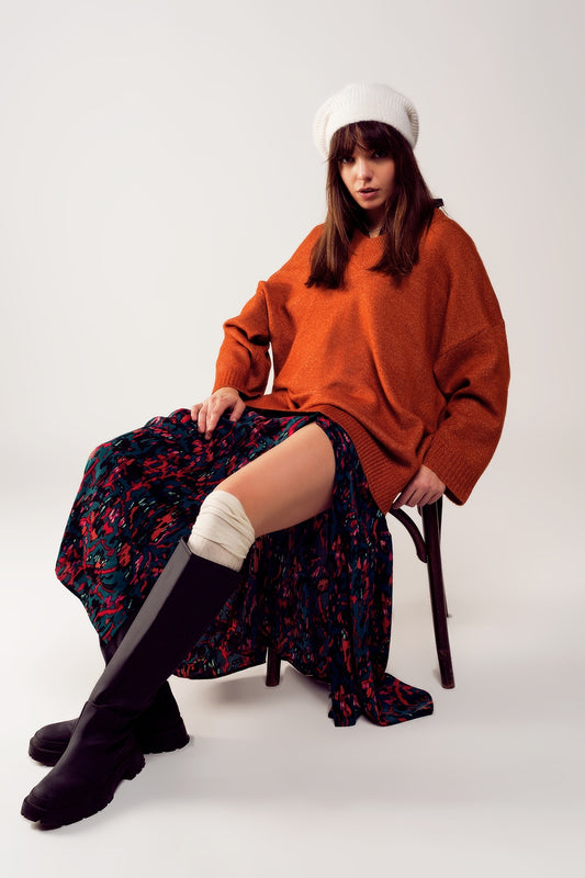 Oversized v neck sweater dress in orange | Just Cool Beans — sweaters | dresses