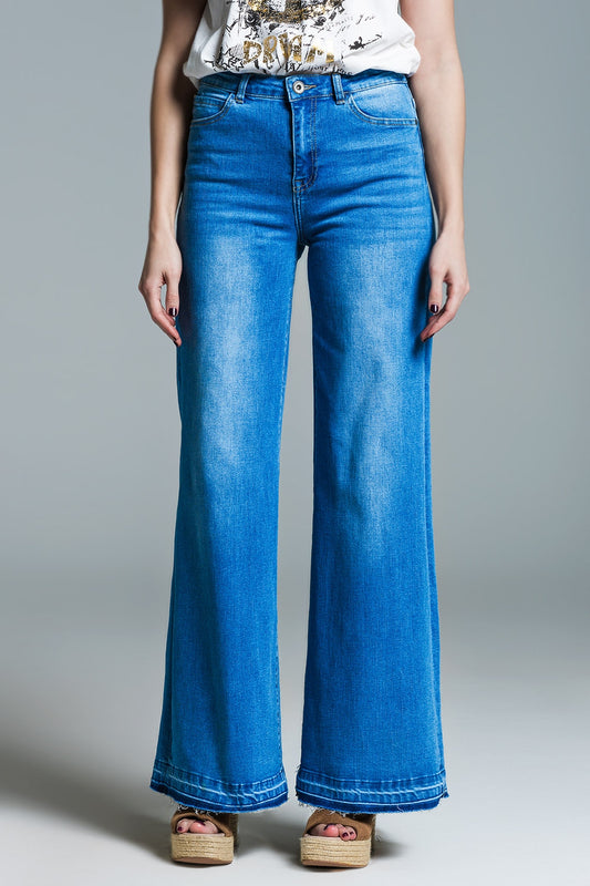 Palazzo style jeans in mid wash with double stitching detail at the hem | Just Cool Beans — jeans | the denim shop