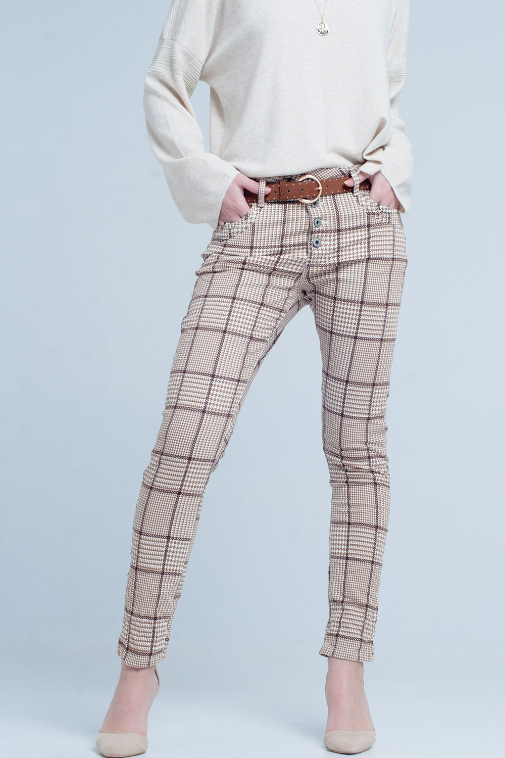 Pants in beige check with button | Just Cool Beans — jeans | bottoms
